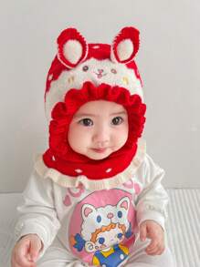 寶寶帽子圍巾套裝可愛中性冬季保暖針織耳瓣帽風帽圍巾套,適合1-3歲的嬰兒頭圍46-50cm - 紅色 - 查看 1