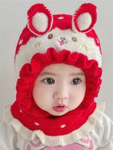 寶寶帽子圍巾套裝可愛中性冬季保暖針織耳瓣帽風帽圍巾套,適合1-3歲的嬰兒頭圍46-50cm - 紅色 - 查看 2