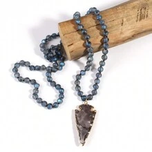 1條時尚波西米亞風格8mm玻璃珠結繩項鍊,搭配玻璃箭頭吊墜,適合女性日常穿著 - 藍色 - 查看 5