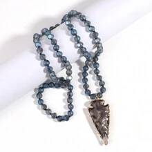 1條時尚波西米亞風格8mm玻璃珠結繩項鍊,搭配玻璃箭頭吊墜,適合女性日常穿著 - 藍色 - 查看 4
