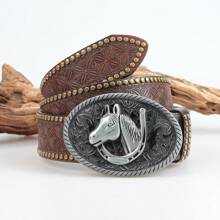 3.7cm Width Western Denim Belt, Men's Buckle Head Personalized Belt, Street-Level High-End Retro Trousers Belt - Brown - View 1