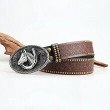 3.7cm Width Western Denim Belt, Men's Buckle Head Personalized Belt, Street-Level High-End Retro Trousers Belt - Brown - View 6