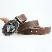 3.7cm Width Western Denim Belt, Men's Buckle Head Personalized Belt, Street-Level High-End Retro Trousers Belt - Brown - View 7
