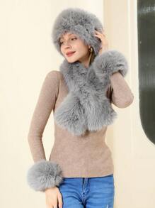 1套時尚經典女士冬季配件，包括加厚針織帽、圍巾和手套套裝配備防風頸護和腕護，保暖舒適，在冬季戶外活動中必不可少 - 灰色 - 查看 6