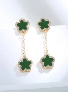 1set Luxurious Flower & Lucky Clover Double Sided Earrings, Inlaid With Zirconia, Exquisite Accessory That Goes Well With Any Outfits - Gold - View 13