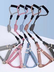 1pc Adjustable Blue Pet Dog & Cat Walking Leash With Harness, Breathable Linen Chest Strap, For Small Medium Large Breeds - Blue - View 4