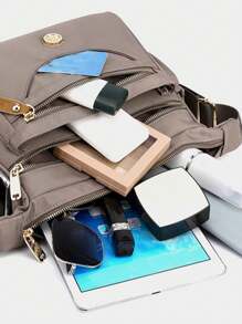 休閒純色捲邊肩帶包,全配對拉鍊肩背包,女性通勤多功能包 - 棕色 - 查看 6