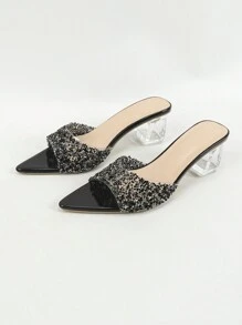 Damen Mode Kristall Plateau Pantoletten, elegant, glänzend, klassisch, wunderschöne schwarze offene Zehenpumps, einfach zu stylen, perfekt für Partys und Valentinstag