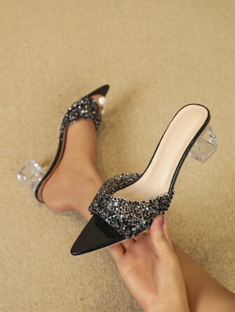 女士时尚水晶粗跟穆勒凉鞋，优雅迷人露趾套脚凉鞋，闪亮派对经典魅力黑色鞋履