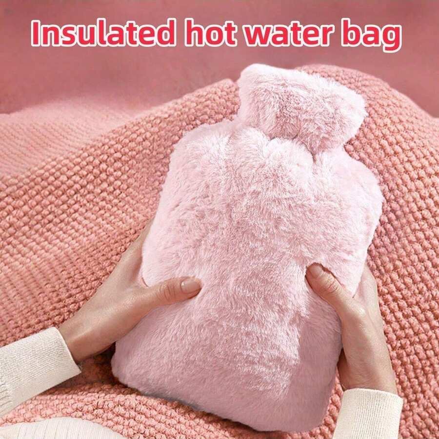 1入組毛絨保溫瓶套充電暖水袋套,500毫升容量,毛茸茸暖腳暖水袋 - 粉色 - 查看 1