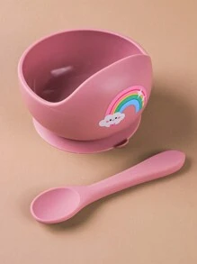 2pcs/Set Baby Feeding Set Silicone Bowl And Silicone Spoon, Baby Tableware Training Bowls With Suction Cup, Roft Silicone Material, Cartoon Animals Prints