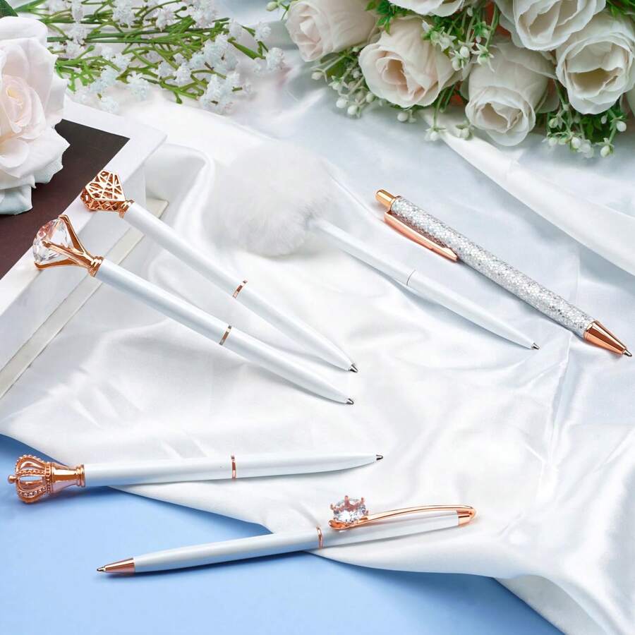 8Pcs Ballpoint Pens Set Purple Pens Set Purple Ballpoint Pen Bling In Black & Blue Metal Crystal Diamond Pen For Journaling Glitter Fancy Pens Gifts For Women Wedding Office,Suitable For Junior High School Primary School Boys And Girls College Student - 白色 - 查看 1