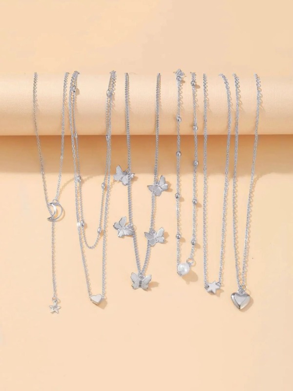 6pcs/Set Fashionable Necklace With Moon, Faux Pearls, Heart And Butterfly Pendants