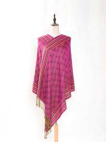 1pc Ladies' Multicolored Printed Jacquard Fringe Scarf Shawl, Suitable For Daily Commute And Outdoor - Hot Pink - View 3