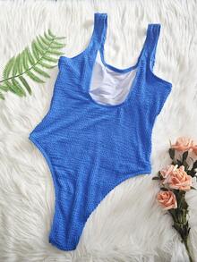 高剪裁鋸齒狀肋紋面料和特殊面料設計的單件泳衣,帶有褶皺細節 - 藍色 - 查看 3