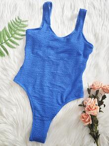 高剪裁鋸齒狀肋紋面料和特殊面料設計的單件泳衣,帶有褶皺細節 - 藍色 - 查看 2