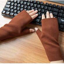 1只女式自發熱雙面珊瑚絨半指薄暖手套,男士打字短款款式 - 米色 - 查看 3