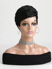 10 英寸女士短款黑色合成假发，带侧刘海，时尚自然风格，适合日常佩戴、节日、万圣节、圣诞节、化妆舞会 - 黑色 - 查看 5