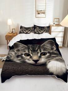 Juego de funda nórdica de poliéster con estampado de lindo gato para mascotas de 3 piezas, (1 funda nórdica + 2 fundas de almohada, sin núcleo), suave, cómodo y lindo juego de ropa de cama de gatito para dormitorio universitario - Ver 5