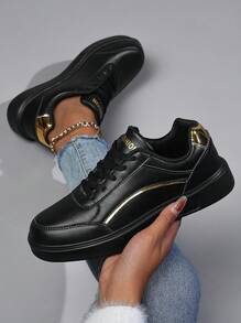 New Spring Autumn Women's Black Flat Shoes With Lace-up Design, Lightweight Leather Casual Shoes For Students