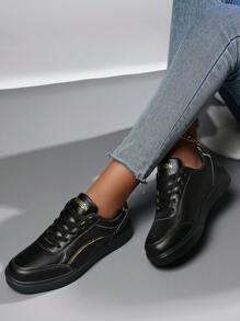 New Spring Autumn Women's Black Flat Shoes With Lace-up Design, Lightweight Leather Casual Shoes For Students