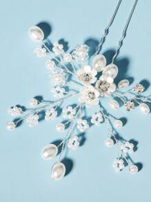 1個品味優雅的珍珠花水晶手工婚禮新娘髮夾,歐美式婚禮造型頭飾,高雅髮飾配件 - 銀色 - 查看 6