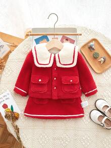 女婴撞色毛绒套装 - 紅色 - 查看 3