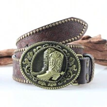 3.7cm寬西部牛仔風格男士皮帶,附帶扣,復古酷炫的腰帶 - 金色 - 查看 1