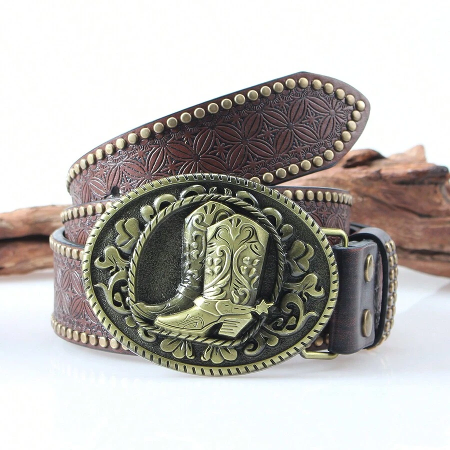 3.7cm寬西部牛仔風格男士皮帶,附帶扣,復古酷炫的腰帶 - 金色 - 查看 1