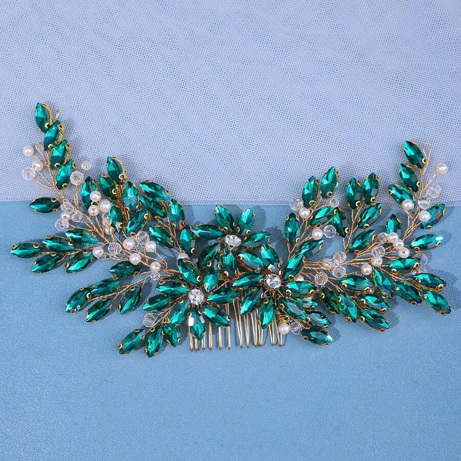 1pc Green Bride Hair Comb Made Of Crystal & Alloy, Suitable For Wedding, Party, Daily Wear, Etc. Elegant - Green - View 1