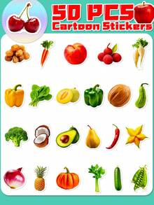 50 Piezas De Pegatinas De Frutas Y Verduras Con Dibujos Animados Con El Propósito Educativo Para Niños - Verde - Ver 5