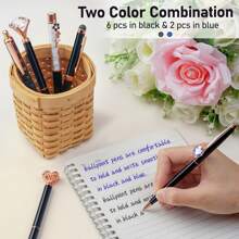 8Pcs Ballpoint Pens Set Purple Pens Set Purple Ballpoint Pen Bling In Black & Blue Metal Crystal Diamond Pen For Journaling Glitter Fancy Pens Gifts For Women Wedding Office,Suitable For Junior High School Primary School Boys And Girls College Student - 黑色 - 查看 6