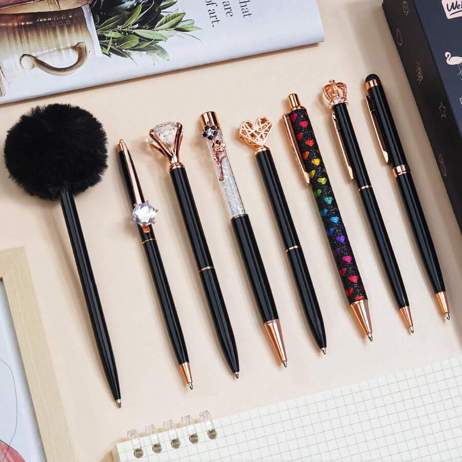 8Pcs Ballpoint Pens Set Purple Pens Set Purple Ballpoint Pen Bling In Black & Blue Metal Crystal Diamond Pen For Journaling Glitter Fancy Pens Gifts For Women Wedding Office,Suitable For Junior High School Primary School Boys And Girls College Student - 黑色 - 查看 1