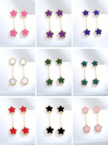 1set Luxurious Flower & Lucky Clover Double Sided Earrings, Inlaid With Zirconia, Exquisite Accessory That Goes Well With Any Outfits - Gold - View 1