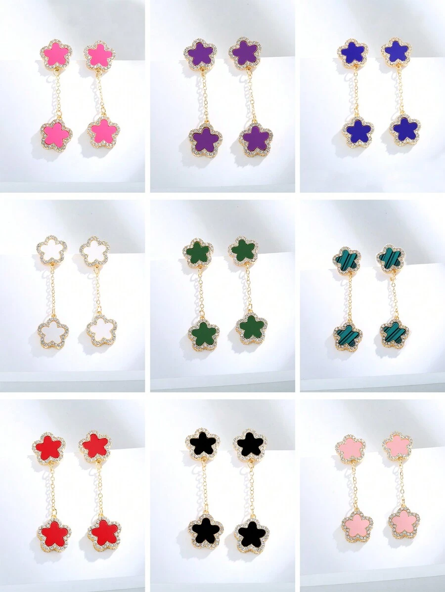 1set Luxurious Flower & Lucky Clover Double Sided Earrings, Inlaid With Zirconia, Exquisite Accessory That Goes Well With Any Outfits - Gold - View 1