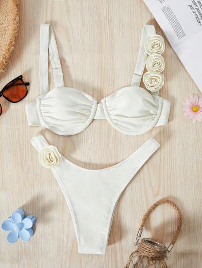 Bikinx 女士纯色钢圈比基尼，3D立体花卉设计，性感分叉比基尼，适合夏季海滩度假