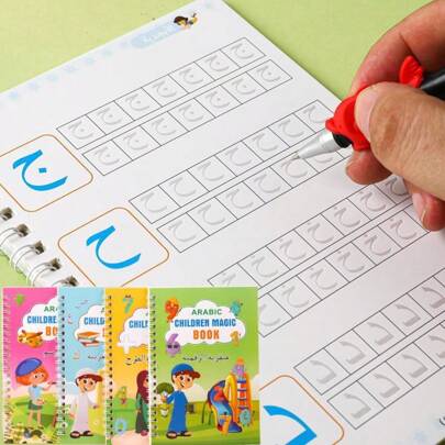 4 件可重复使用的书法练习本，学习数学、英语、3D 书法、绘画、描摹、礼物、阿拉伯凹槽手写练习册、笔控训练魔法书法练习册