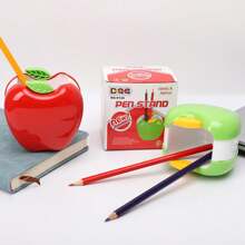 1pc Apple Shaped Pen Holder For Students, Creative Desktop Storage Organiser Cartoon Pen Container, Made Of Ps Material - Red - View 1