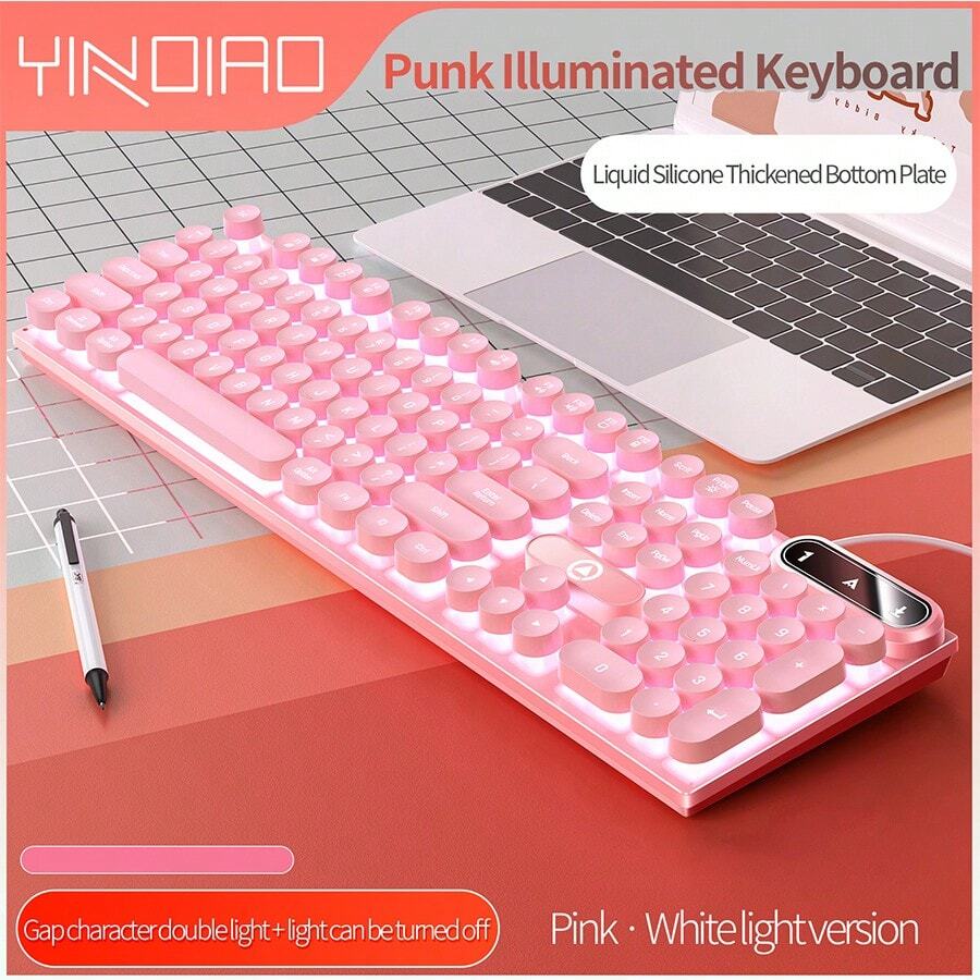 YINDIAO K600 有线键盘，圆形背光按键，朋克风格键盘，适用于游戏、办公打字，兼容台式机和笔记本电脑