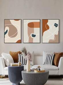 3入組幾何線條和方塊高清印花畫布,現代北歐風格的抽象圖案,米白和咖啡色系,適用於大尺寸客廳、臥室、沙發、床頭、入門櫃和桌子的裝飾牆藝術品,不含框架,安全地使用pvc管緊密包裝 - 彩色 - 查看 1