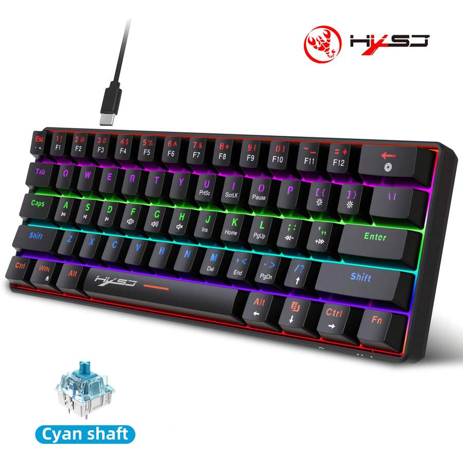 Teclado mecánico de 61 teclas, mini teclado de 61 teclas, eje verde, múltiples modos de luz, líneas de teclas separadas, portátil, adecuado para juegos