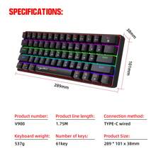 Teclado mecánico de 61 teclas, mini teclado de 61 teclas, eje verde, múltiples modos de luz, líneas de teclas separadas, portátil, adecuado para juegos - Negro - Ver 10