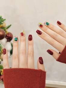10pcs Handmade Press-On Nails Short Round Red Christmas Elements 3D Three-Dimensional Rhinestones Nail For Christmas And Parties - Multicolor - View 4