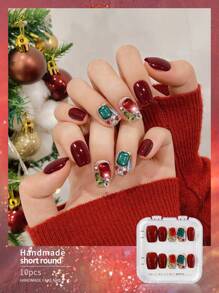 10pcs Handmade Press-On Nails Short Round Red Christmas Elements 3D Three-Dimensional Rhinestones Nail For Christmas And Parties - Multicolor - View 2