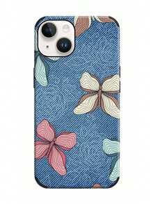 1 chiếc nơ & in hiệu ứng denim chống rơi, chống sốc, dây buộc & giá đỡ nhẫn, vỏ điện thoại vẽ tay bằng da thủ công, tương thích với iPhone 14 Pro Max - Màu xanh lam - Xem 26