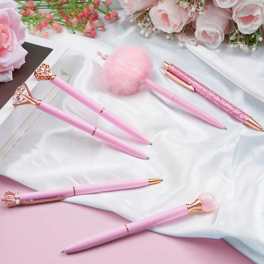 8Pcs Ballpoint Pens Set Purple Pens Set Purple Ballpoint Pen Bling In Black & Blue Metal Crystal Diamond Pen For Journaling Glitter Fancy Pens Gifts For Women Wedding Office,Suitable For Junior High School Primary School Boys And Girls College Student - 粉色 - 查看 1