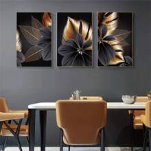 3 件黑色金色植物葉子帆布畫,抽象牆壁藝術,北歐客廳裝飾圖片,海報和印刷品,現代家居裝飾,家居牆壁裝飾藝術,臥室浴室藝術品牆壁油畫,無框 - 彩色 - 查看 2