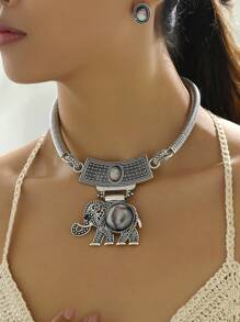 1 pieza Collar con colgante de elefante estilo retro y 1 pieza de aretes vintage exagerados, conjunto de joyería de moda para mujer