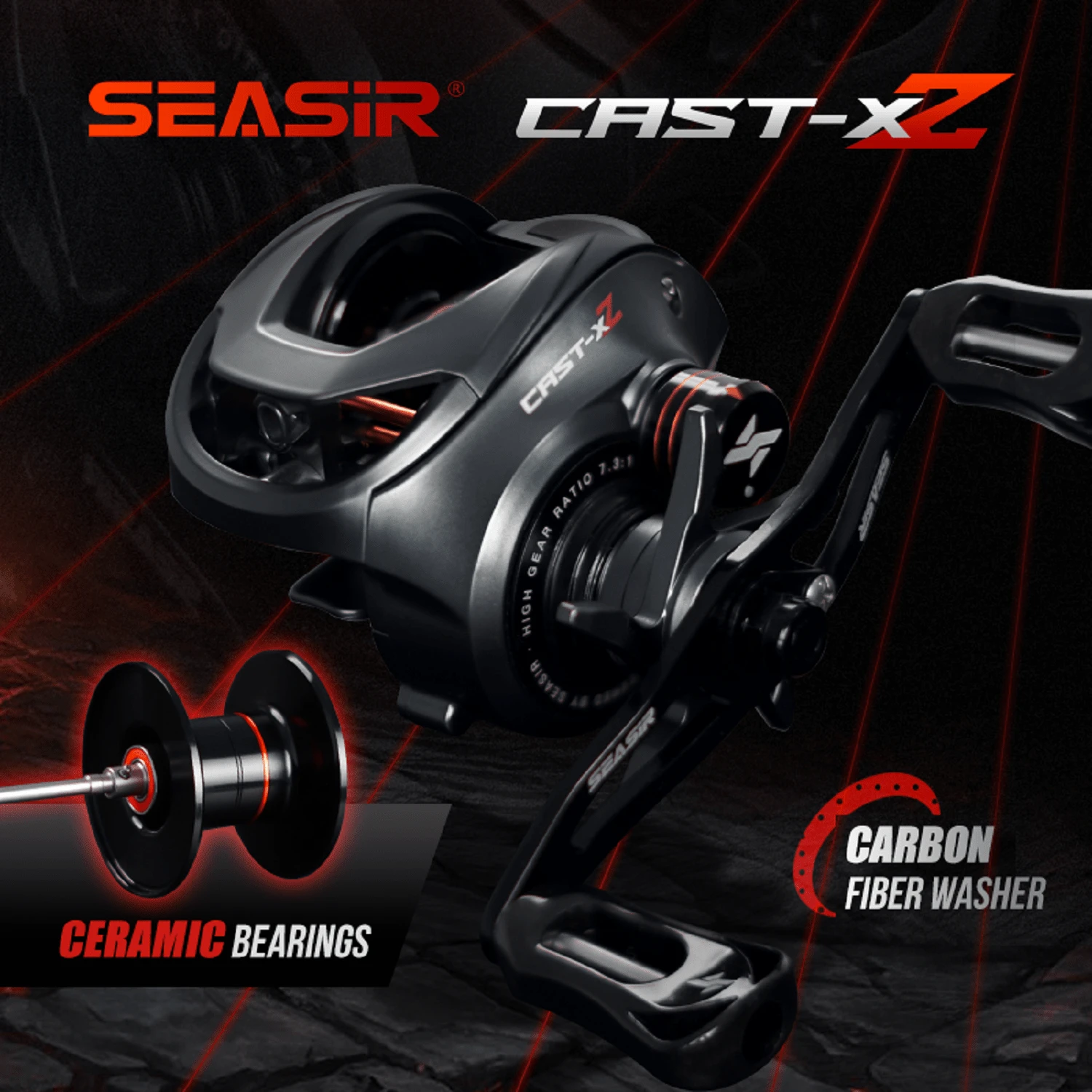 Seasir Cast X2 跑魚捲線器 7.3:1 混合陶瓷軸承碳纖維墊圈 雙重軸承系统 N52煞車魚捲軸 - 黑色 - 查看 1