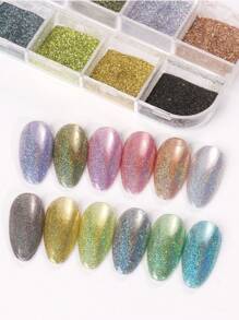 全息線條閃粉,鏡面12色混色融合指甲彩粉,diy美甲工具,指甲彩繪裝飾配件 - 彩色 - 查看 7